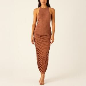 Chrysanthemum Bronze Tan Ruched Sleeveless Midi Dress Size S